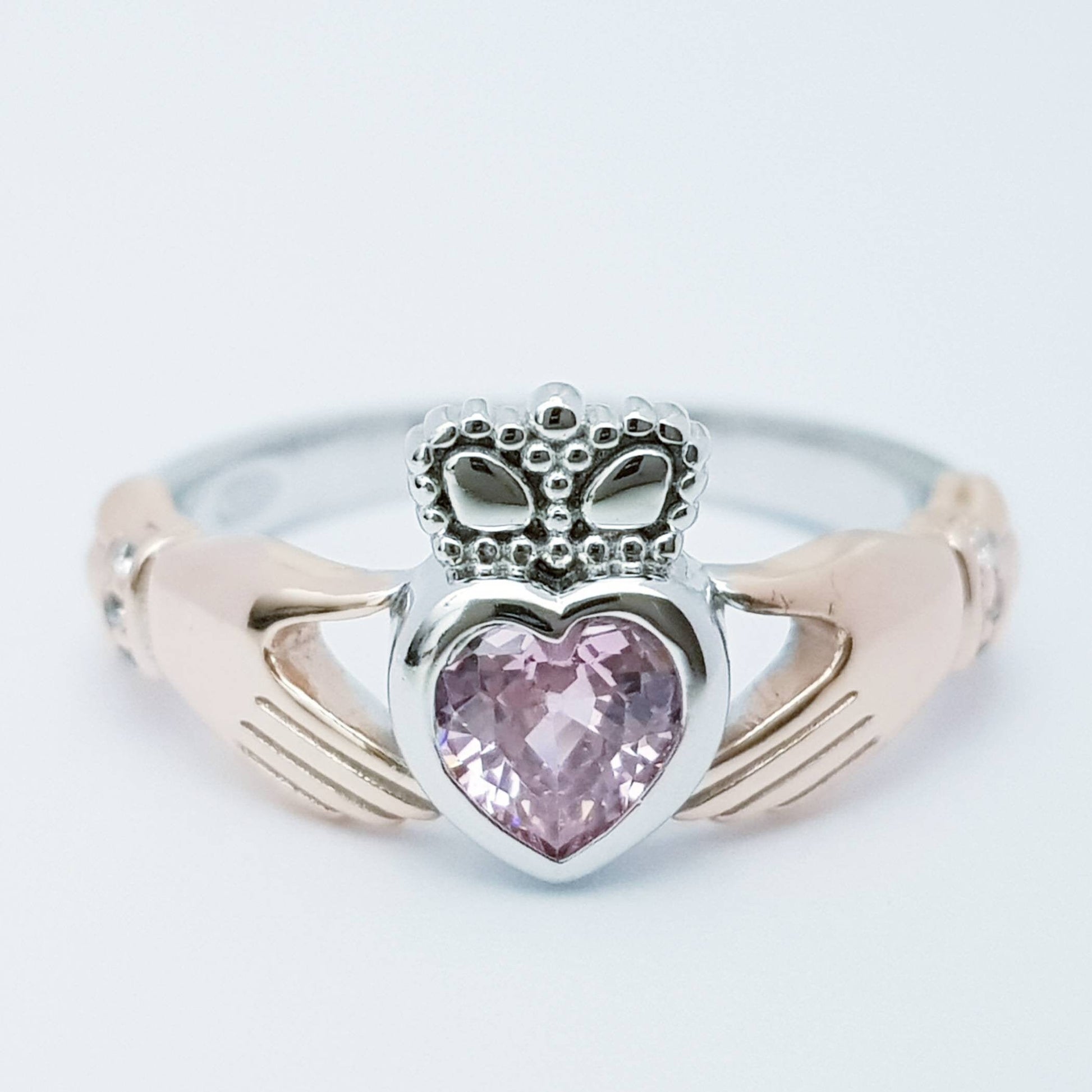 Sterling Silver Rose Gold plated Claddagh ring set with bright pink stone, two tone claddagh ring