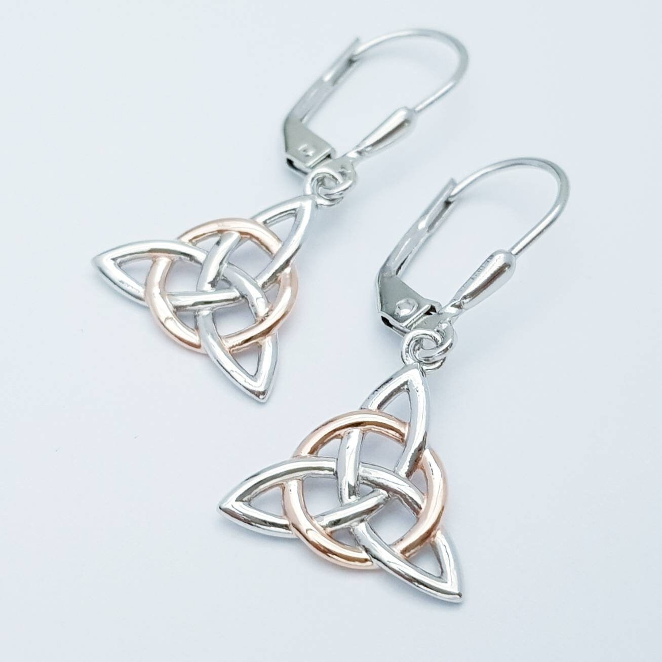 Small Celtic stud Earrings in silver with rose gold plating, triquetra stud earrings