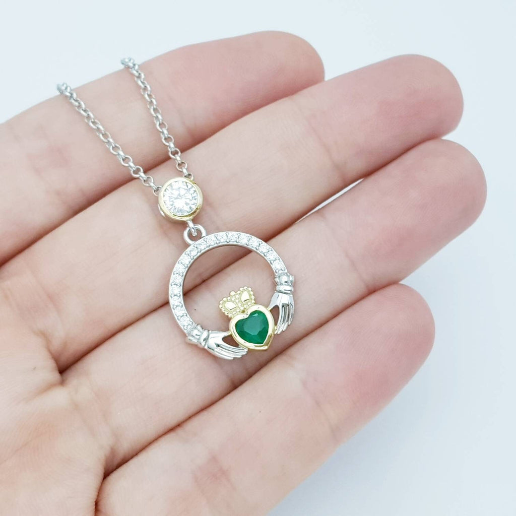 Green Claddagh pendant, claddagh necklace, silver claddagh pendant