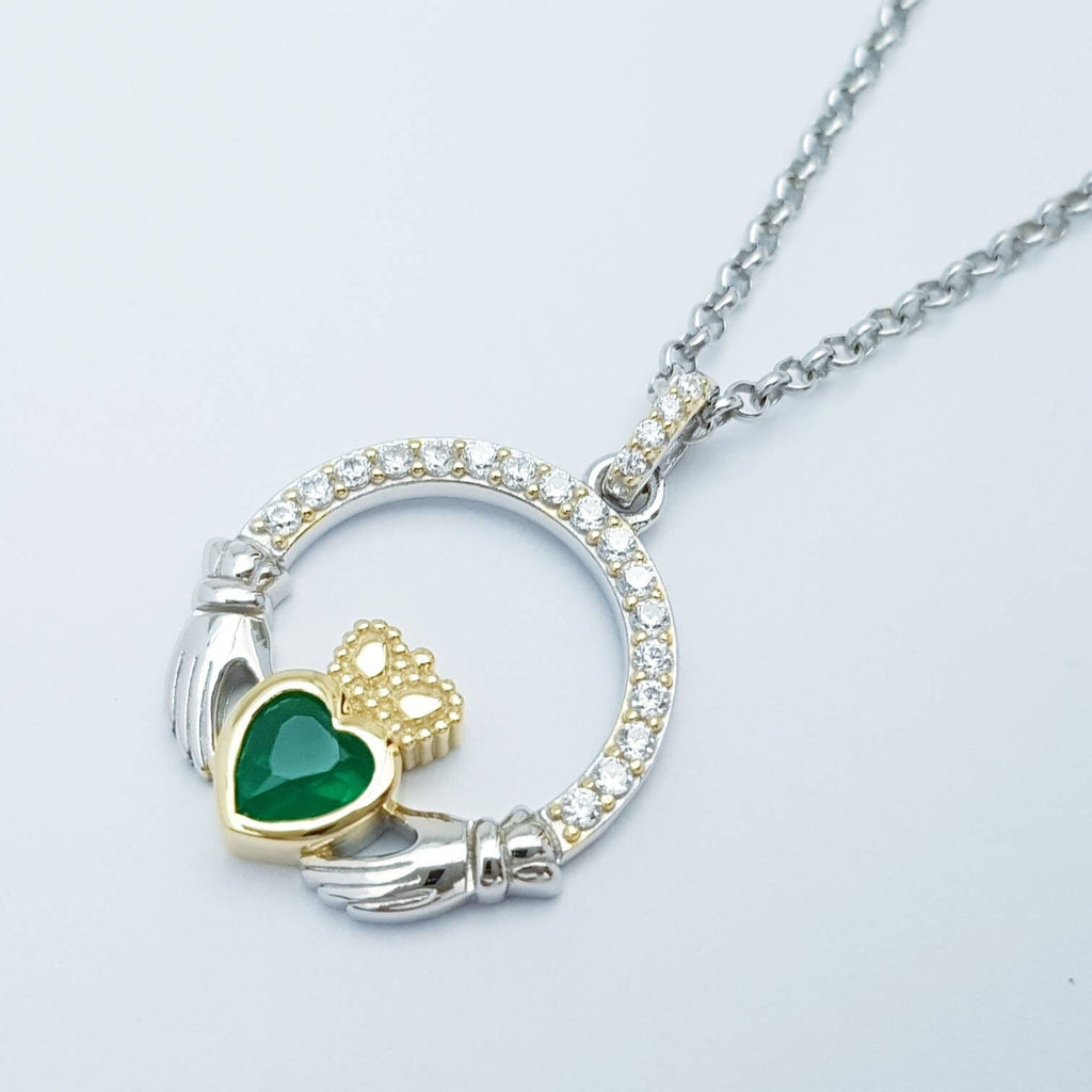 Green Claddagh pendant, claddagh necklace, silver claddagh pendant