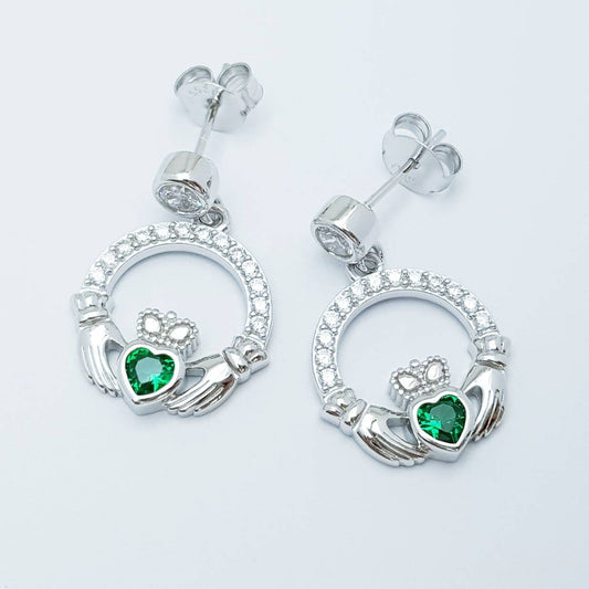 Emerald green claddagh Earrings, Silver Claddagh Earrings, Claddagh drop Earrings