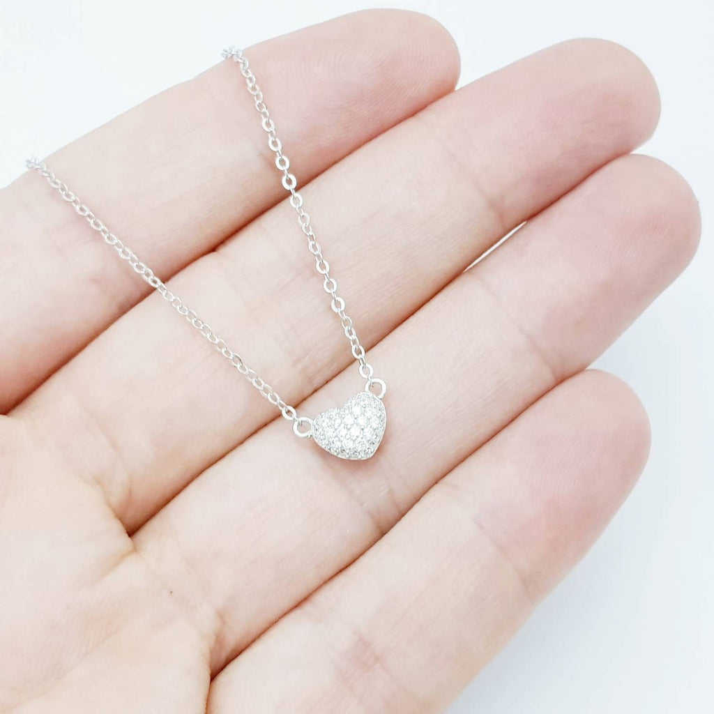 Dainty sterling silver heart necklace pavé set with faux diamonds, small heart chain