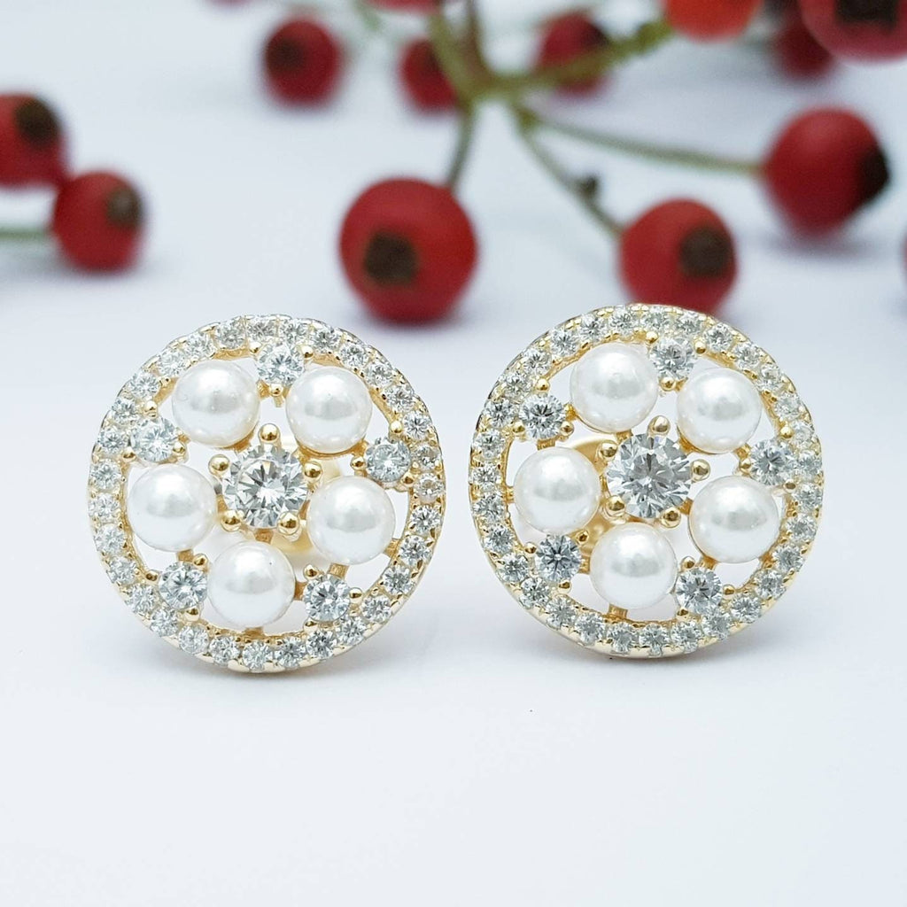 Vintage round pearl and faux diamond earrings, bridal pearl studs, elegant round pearl earrings