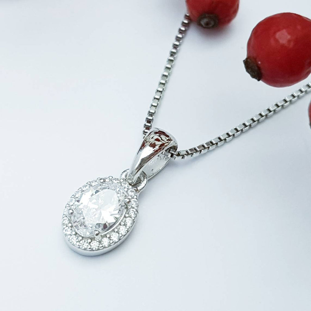 Dainty sterling silver necklace, small white diamond simulant pendant, Vintage necklace, small oval pendant