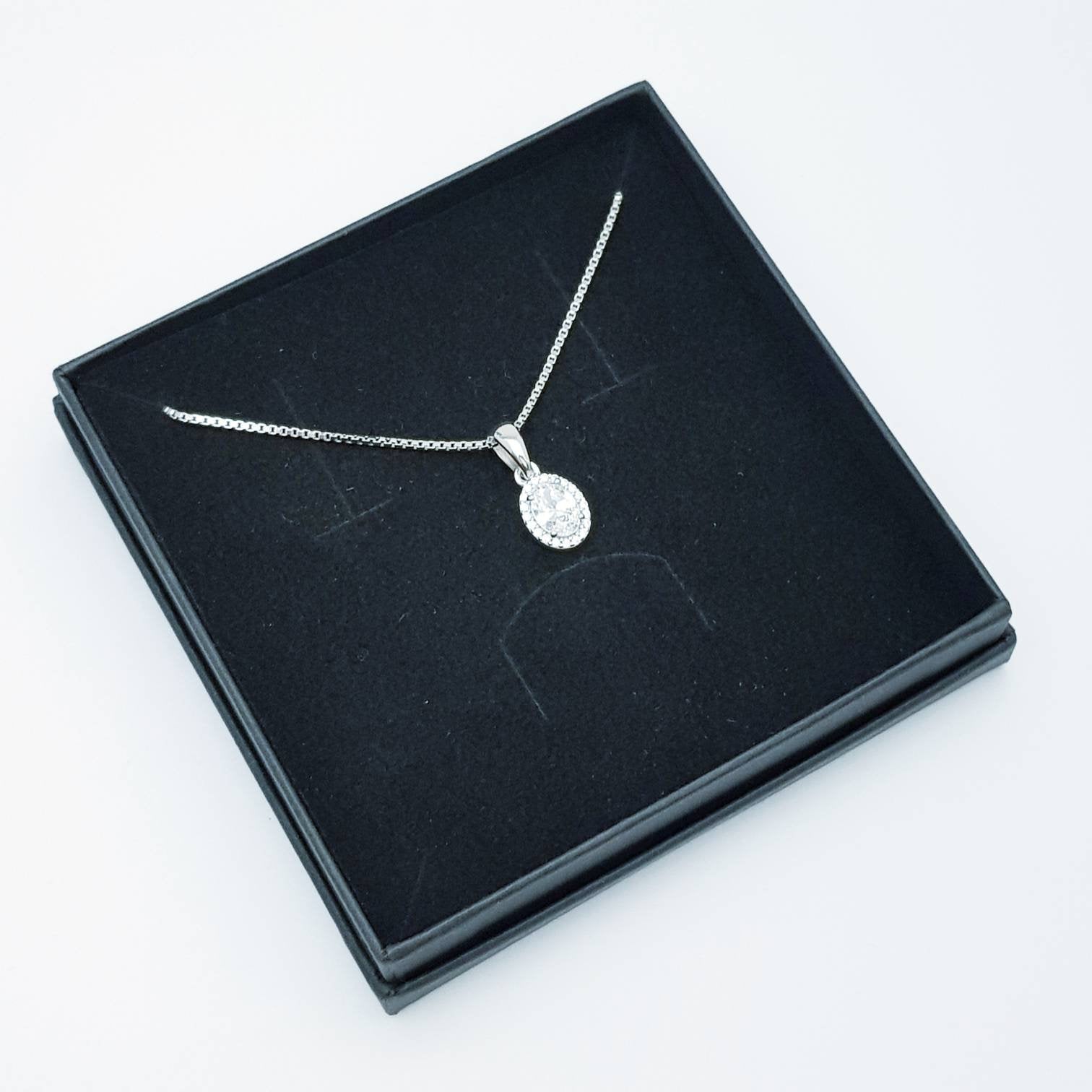 Dainty sterling silver necklace, small white diamond simulant pendant, Vintage necklace, small oval pendant