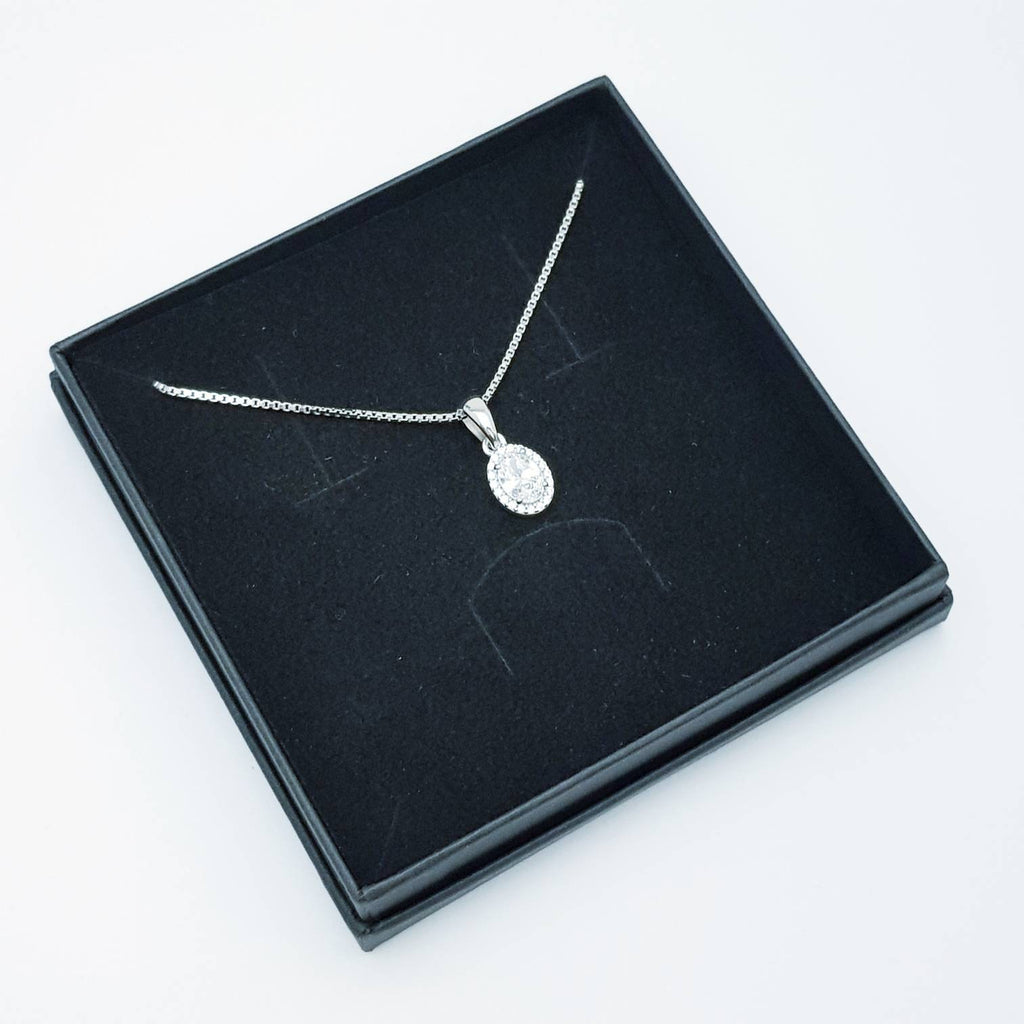 Dainty sterling silver necklace, small white diamond simulant pendant, Vintage necklace, small oval pendant