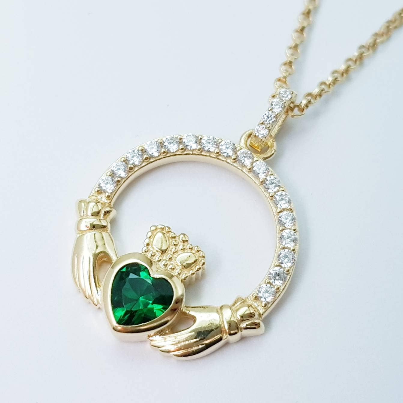 Green Claddagh pendant, claddagh necklace, yellow gold claddagh pendant
