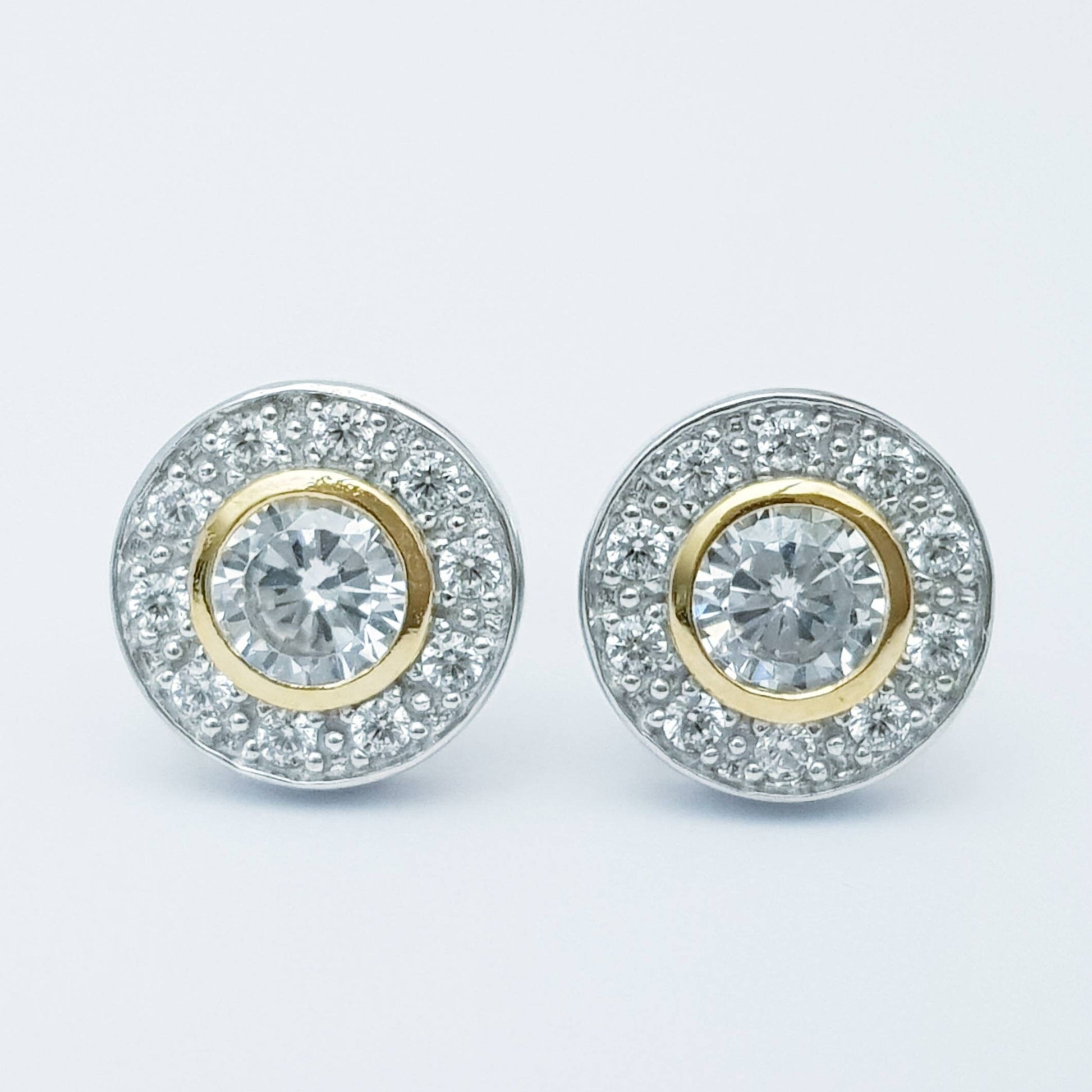 Gold plated sterling silver stud earrings with cubic zirconia, elegant round silver earrings, small stud earrings