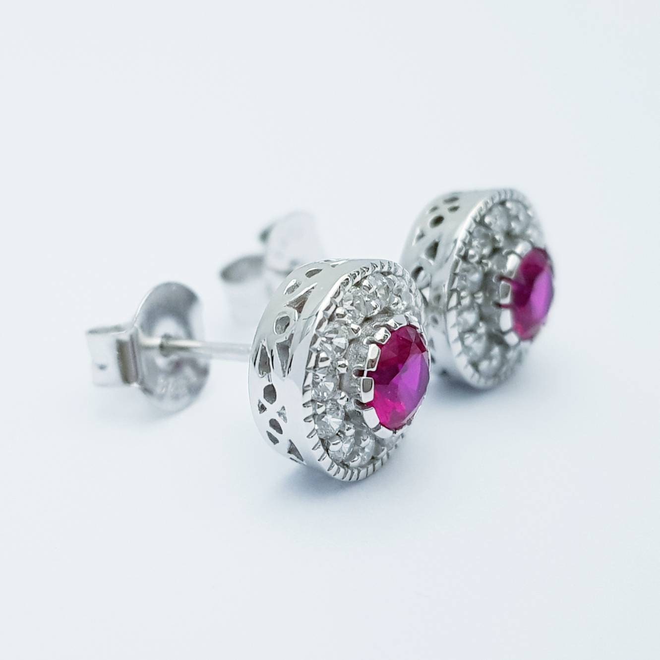 Red earrings, ruby stud earrings, gift for women, vintage earrings, diamond halo earrings, earrings for women, July birthstone studs