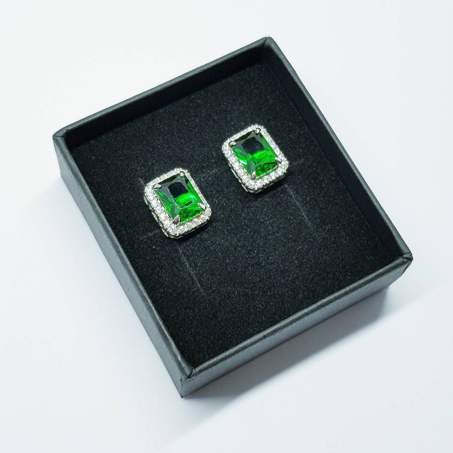 Emerald stud earrings, green earrings, green studs, diamond halo earrings, gifts for her, Green rectangular earrings