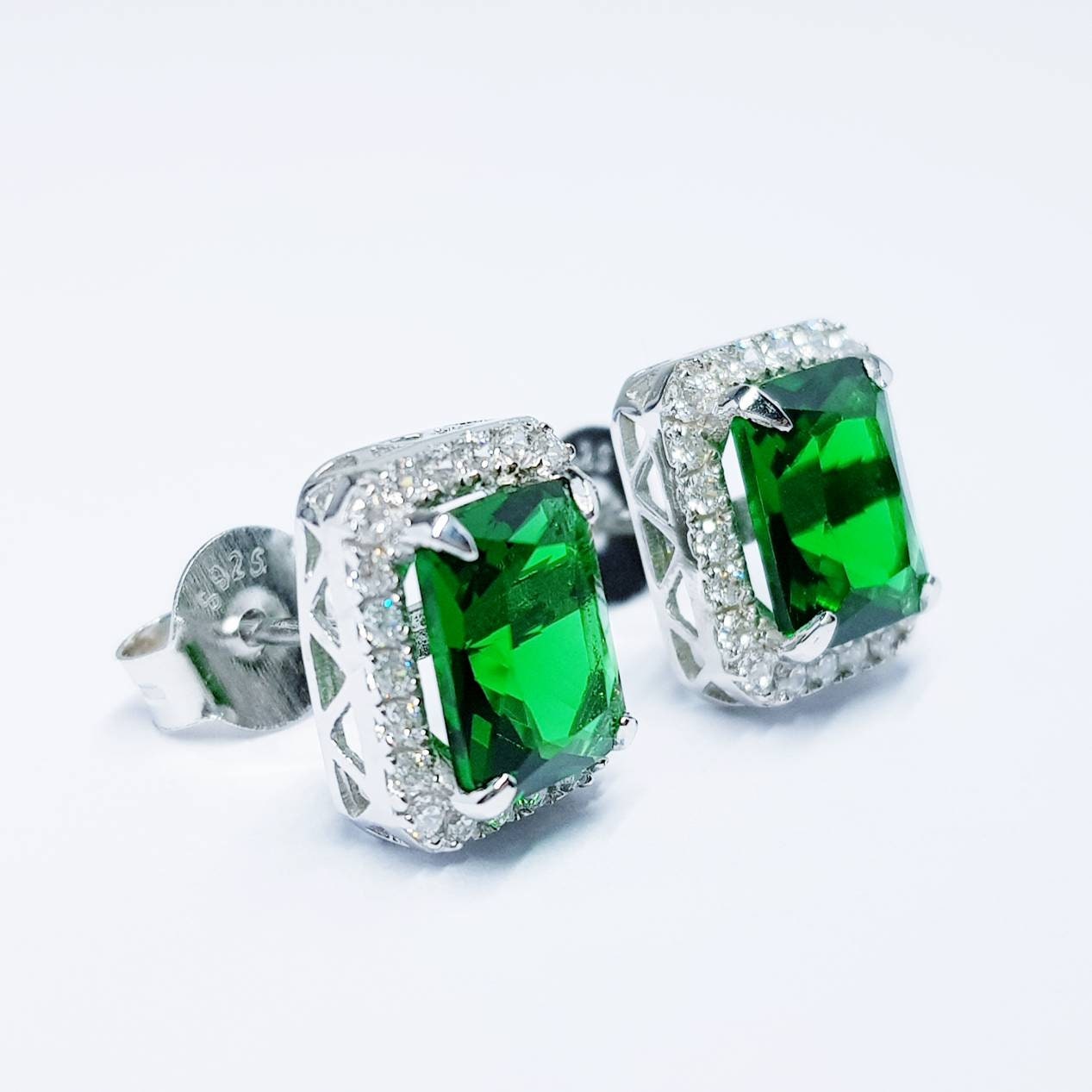 Emerald stud earrings, green earrings, green studs, diamond halo earrings, gifts for her, Green rectangular earrings