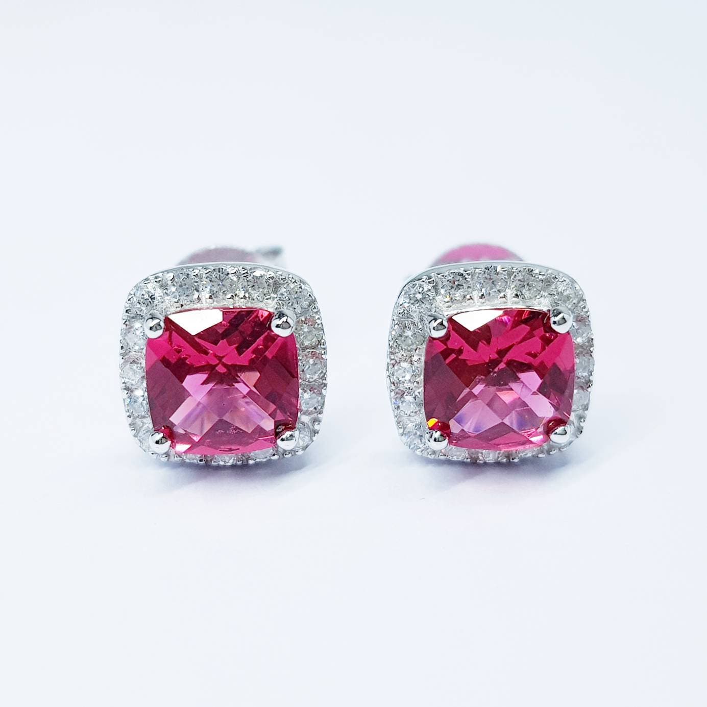 Red earrings, Ruby stud earrings, square earrings, diamond halo earrings, cushion cut earrings, bridesmaid earrings, July stone