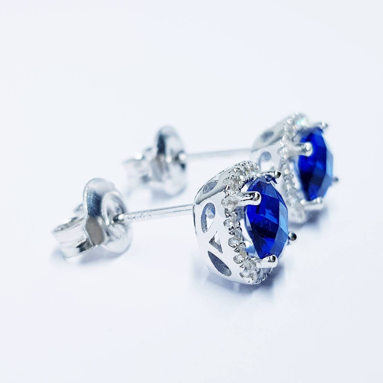 Blue Sapphire Earrings, Sapphire Bridal Earrings, Sterling Silver CZ Blue Sapphire Stud Earrings,Round CZ Stud Earrings,Bridesmaids Earrings