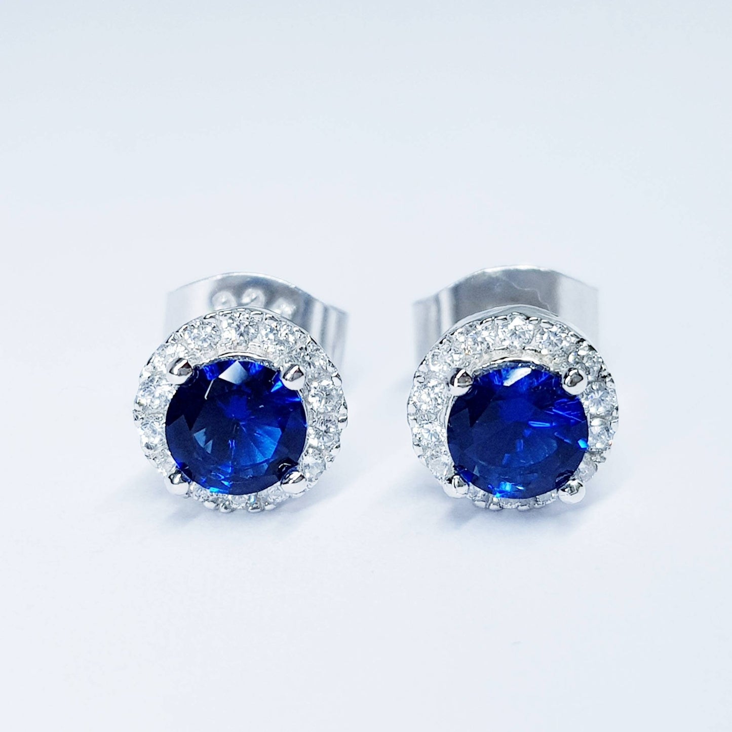 Small blue earrings, sapphire stud earrings, small stud earrings, vintage earrings, diamond halo earrings, September birthstone studs