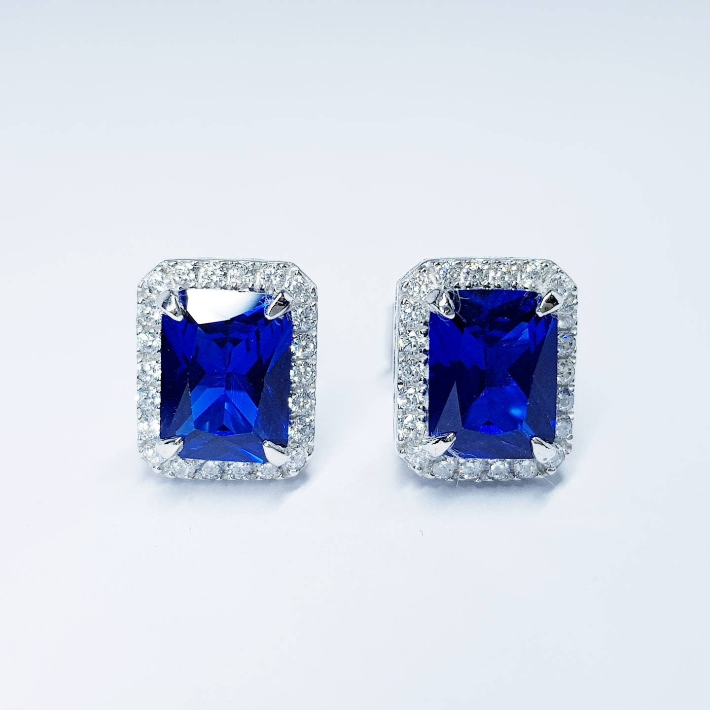 Blue Sapphire Stud Earrings, Halo Stud Earrings, 925 Sterling Silver Stud for Women, Gift For Her, Bridesmaids Gift