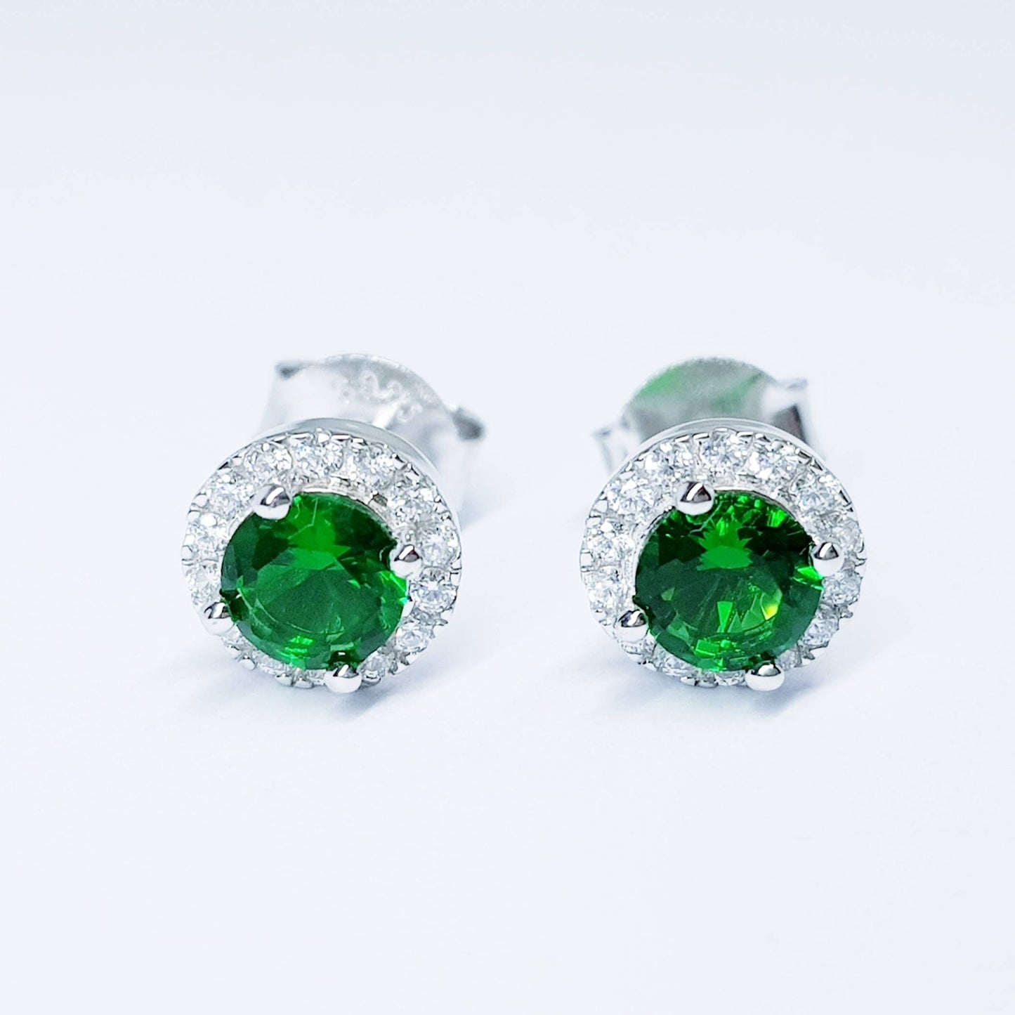 Green earrings, emerald stud earrings, gift for women, vintage earrings, diamond halo earrings, earrings for women, may birthstone studs