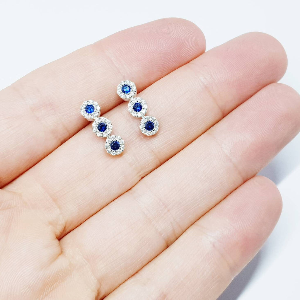Sapphire blue stud earrings, silver earrings, vintage blue earrings, blue three stone studs