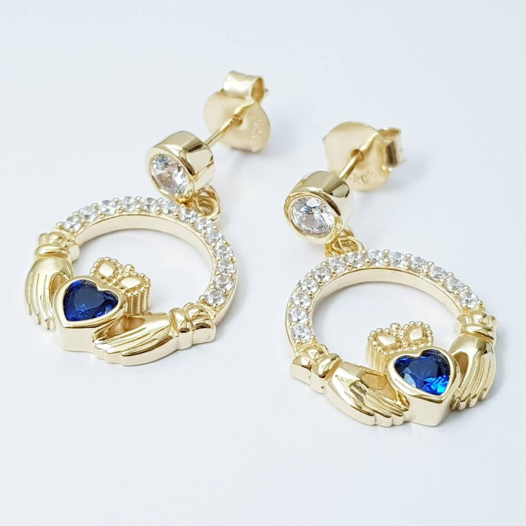 Sapphire blue claddagh Earrings, Silver and yellow gold Claddagh Earrings, Claddagh drop Earrings