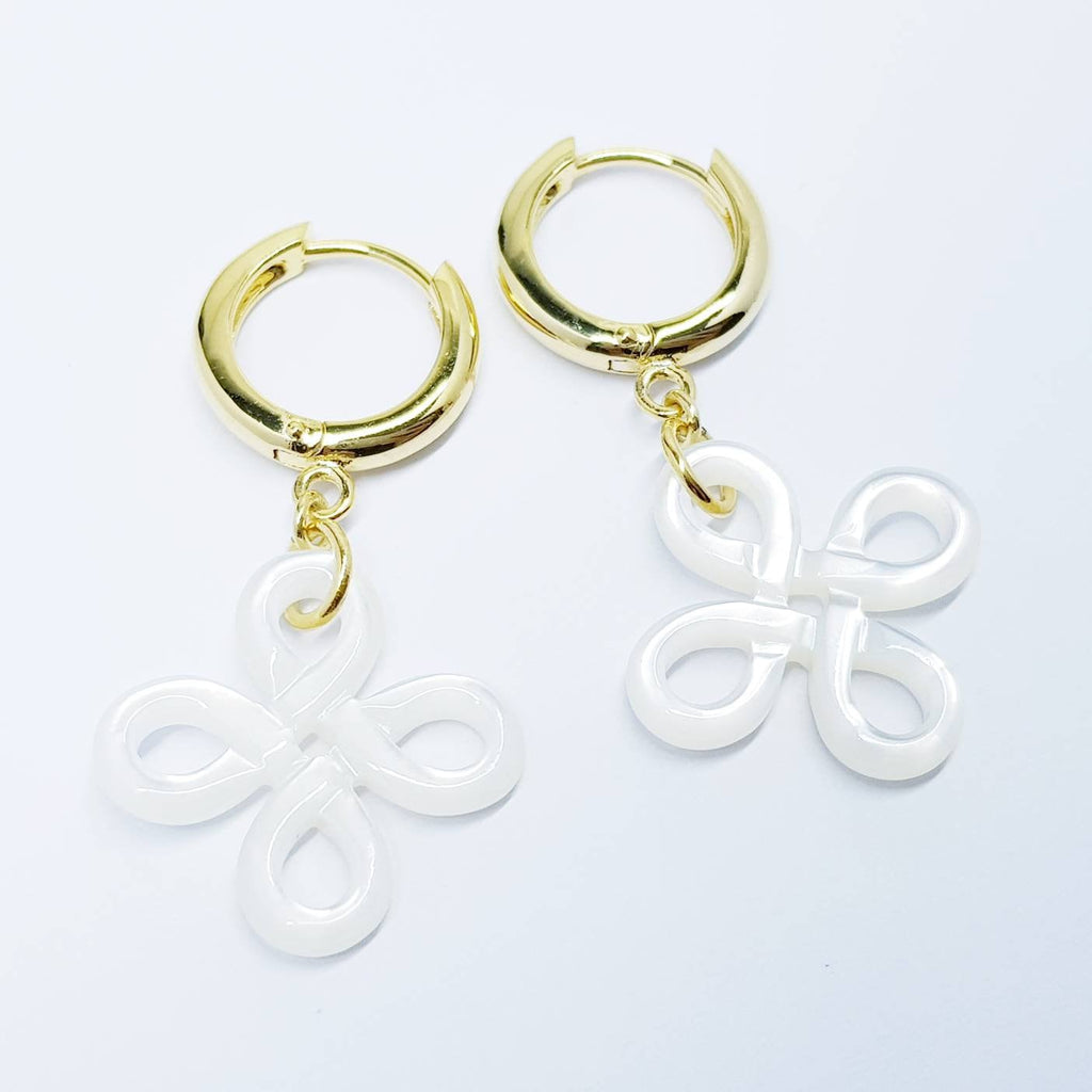 Celtic huggie Earrings, gold knot drop earrings, boho Celtic jewelry, mother of pearl earrings, celtic dangle earrings