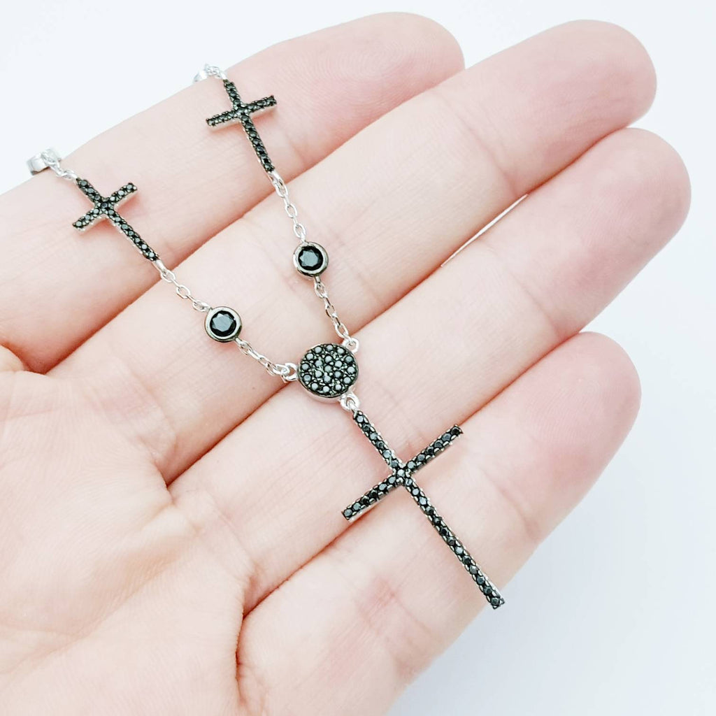 Sterling Silver Cross,  black Cross , delicate Cross, Black Diamond Cross, dark romance