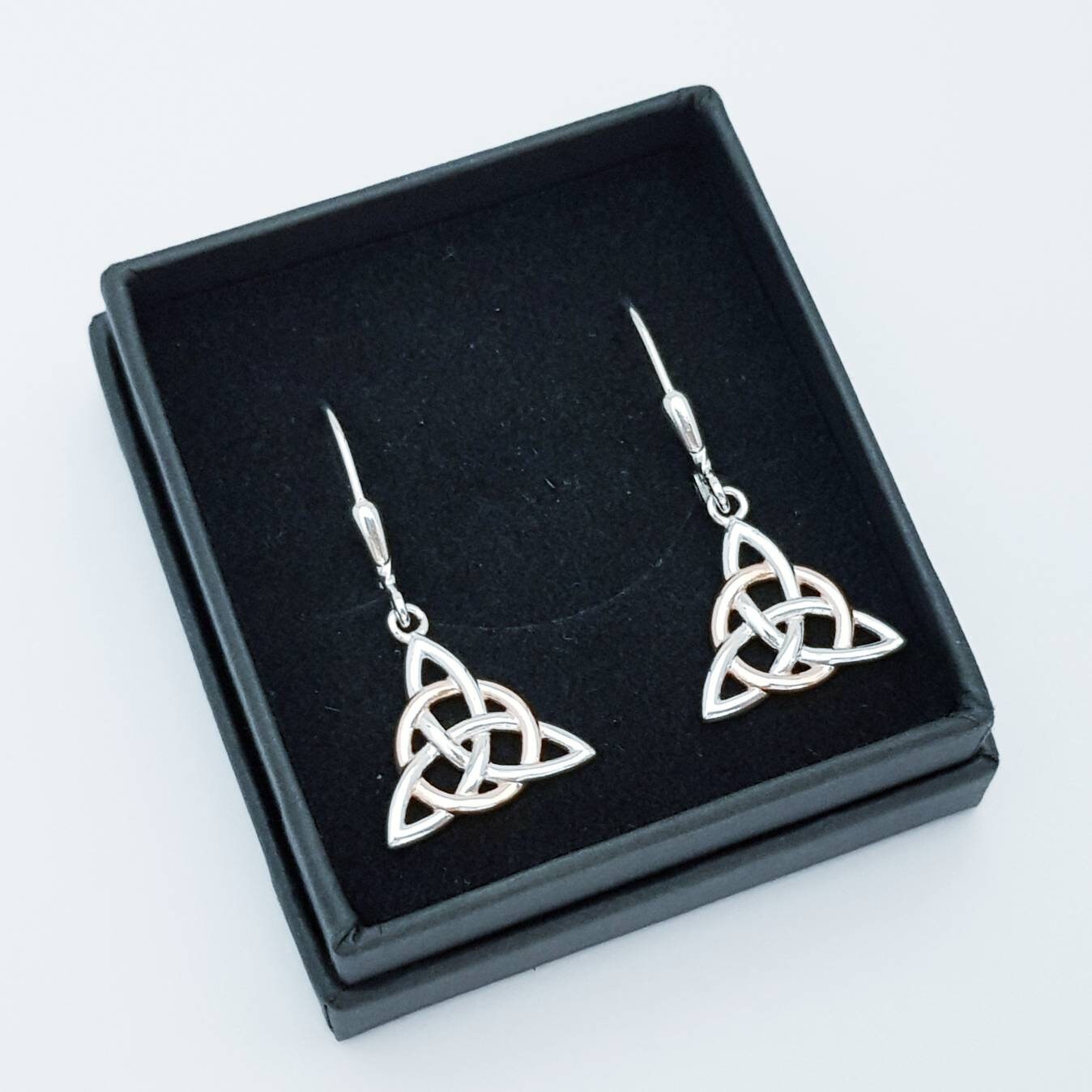 Small Celtic stud Earrings in silver with rose gold plating, triquetra stud earrings