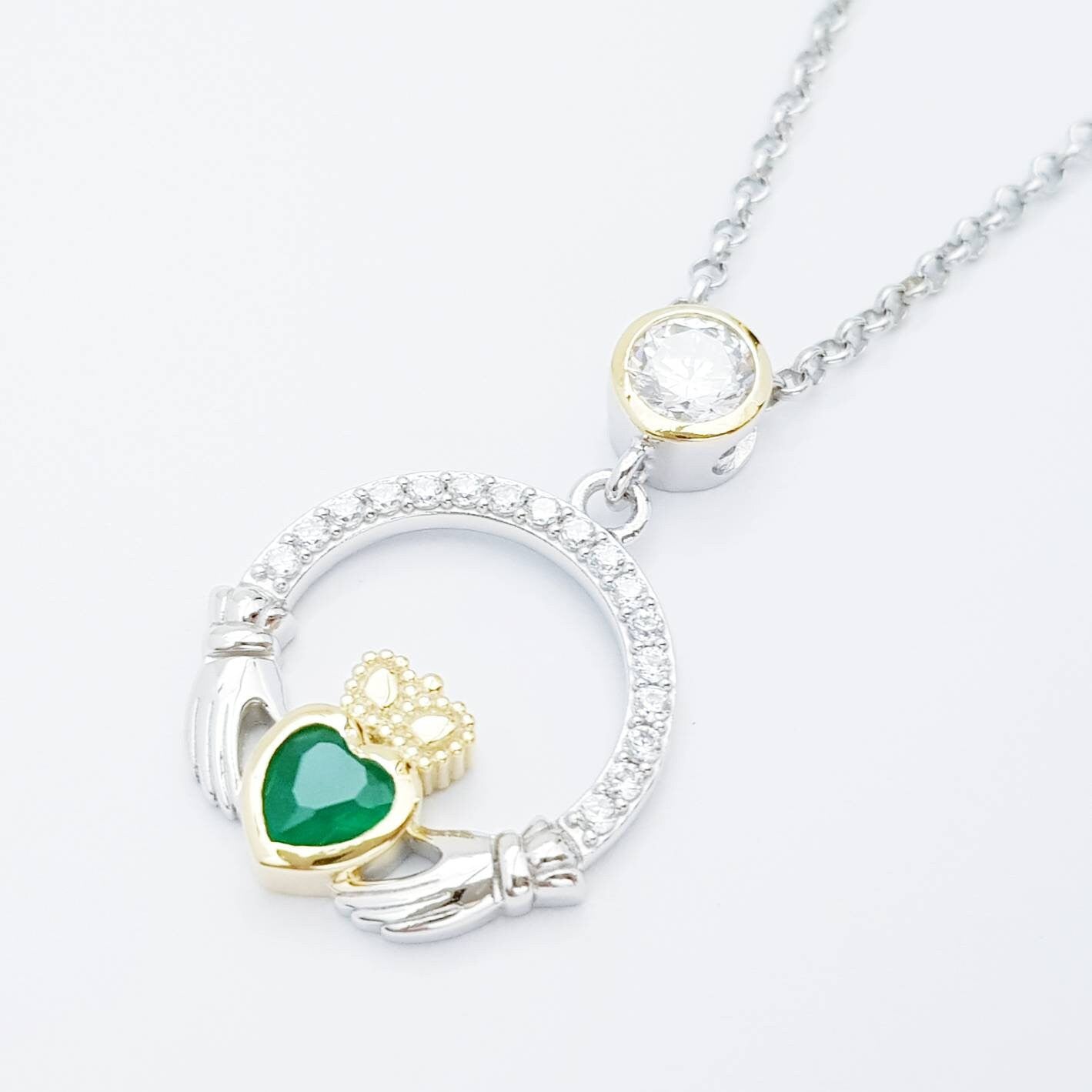 Green Claddagh pendant, claddagh necklace, silver claddagh pendant
