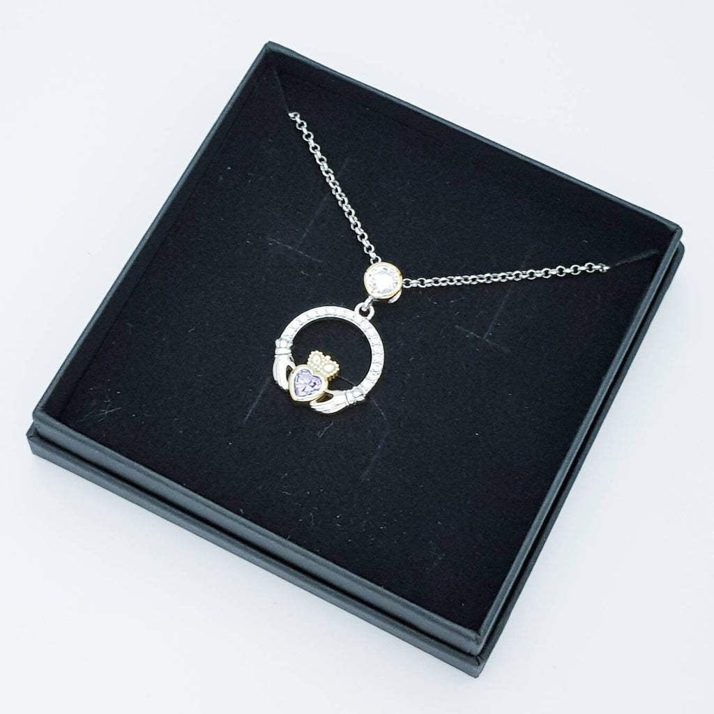 Purple Claddagh pendant, claddagh necklace, silver claddagh pendant February birthstone