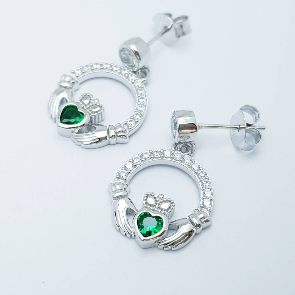Emerald green claddagh Earrings, Silver Claddagh Earrings, Claddagh drop Earrings