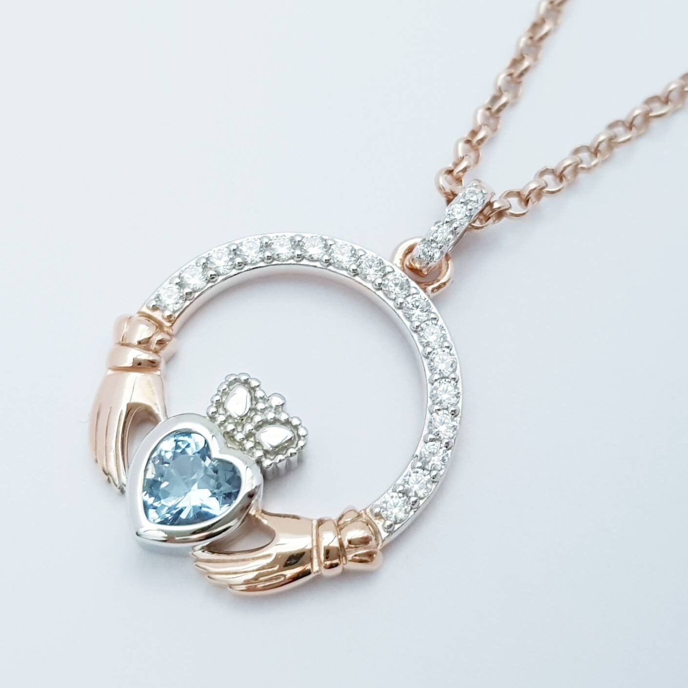 Aquamarine Claddagh pendant, claddagh necklace, rose gold claddagh pendant