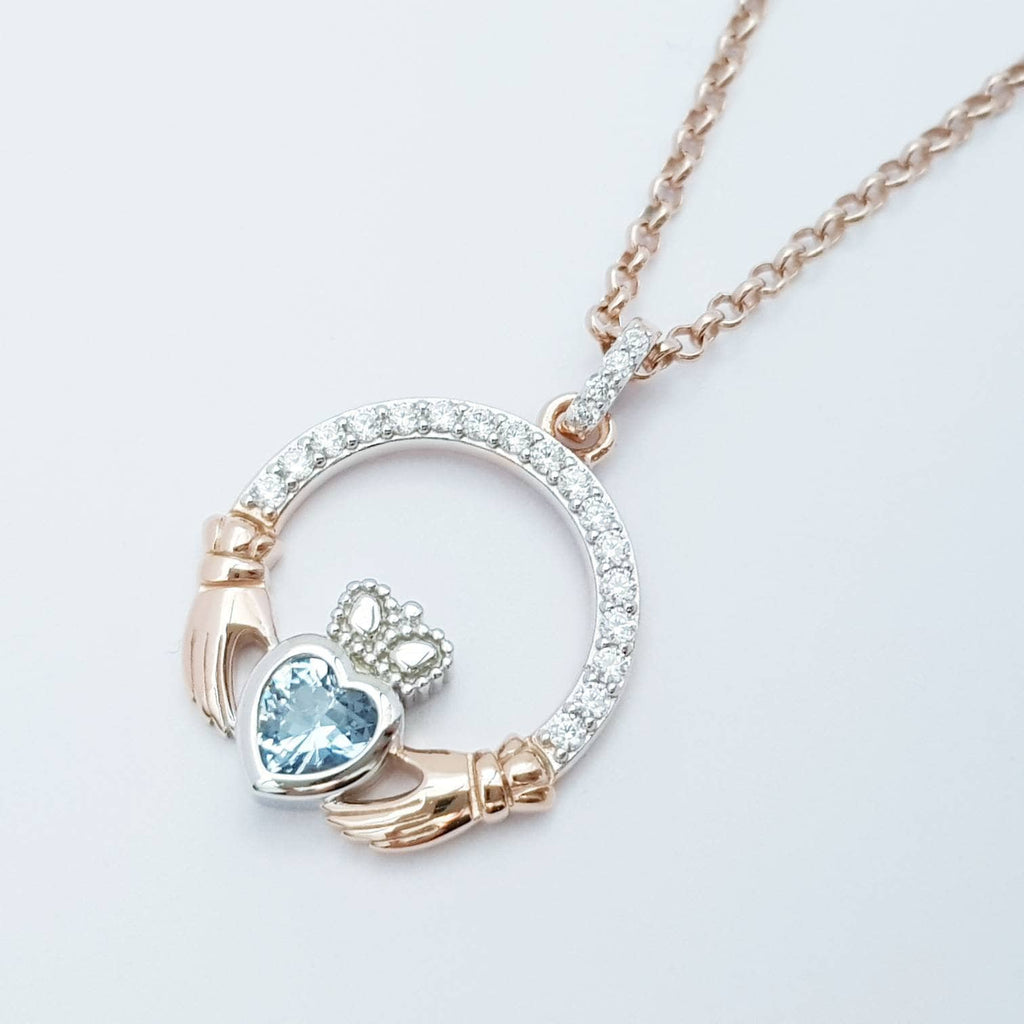Aquamarine Claddagh pendant, claddagh necklace, rose gold claddagh pendant