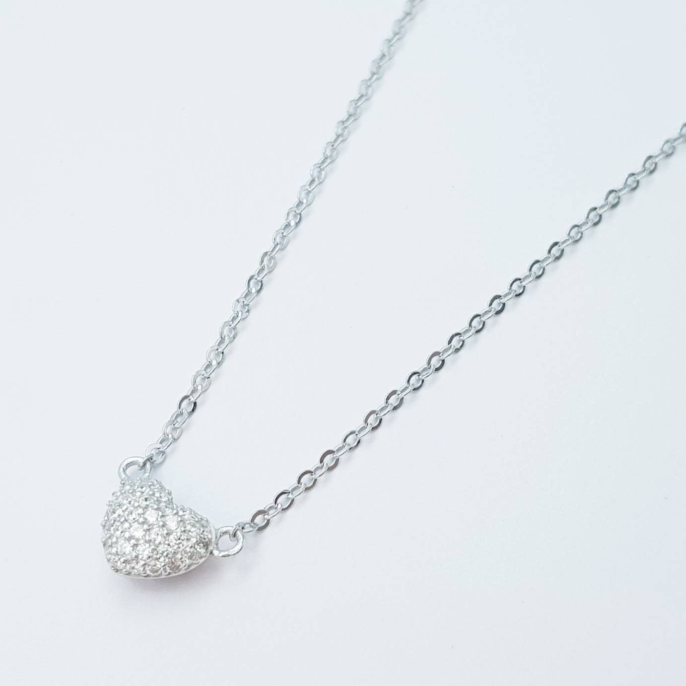 Dainty sterling silver heart necklace pavé set with faux diamonds, small heart chain