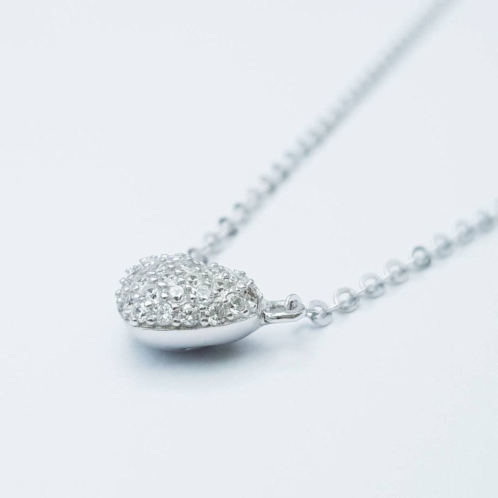 Dainty sterling silver heart necklace pavé set with faux diamonds, small heart chain