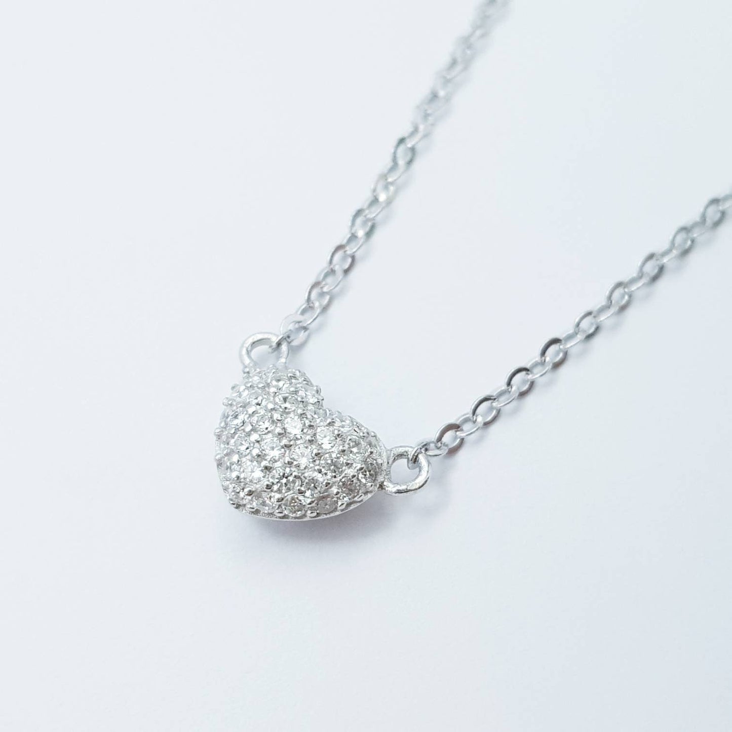 Dainty sterling silver heart necklace pavé set with faux diamonds, small heart chain