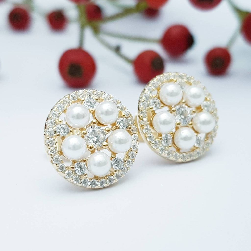Vintage round pearl and faux diamond earrings, bridal pearl studs, elegant round pearl earrings