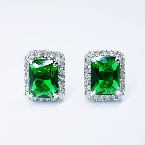 Emerald stud earrings, green earrings, green studs, diamond halo earrings, gifts for her, Green rectangular earrings