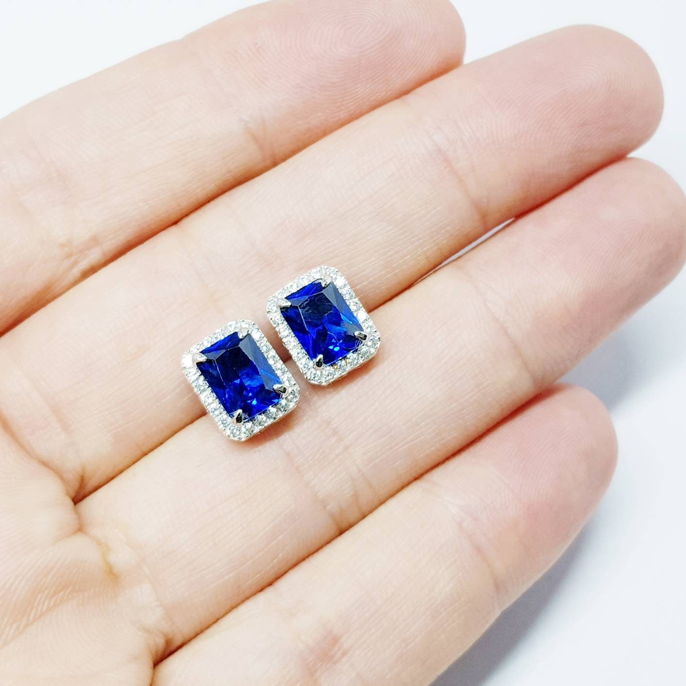 Blue Sapphire Stud Earrings, Halo Stud Earrings, 925 Sterling Silver Stud for Women, Gift For Her, Bridesmaids Gift