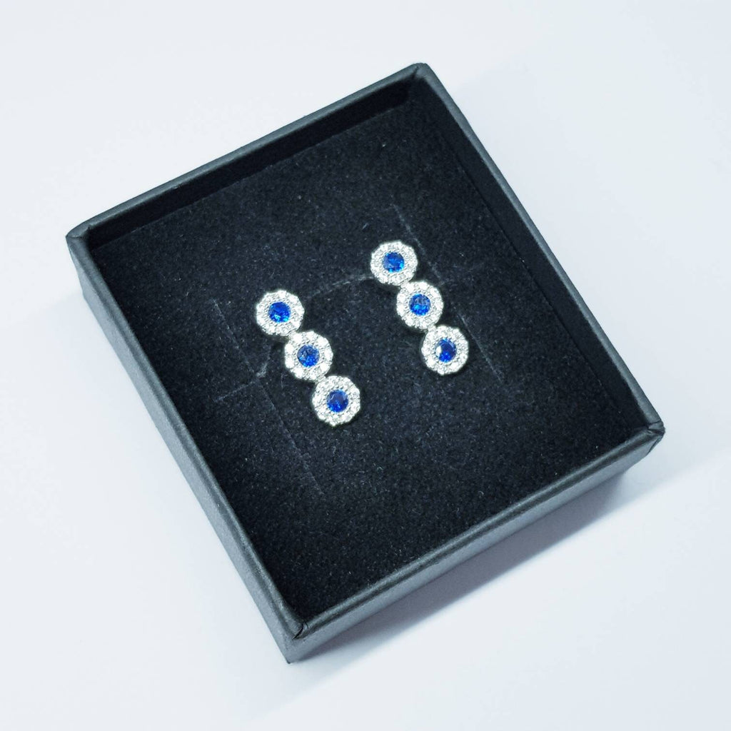 Sapphire blue stud earrings, silver earrings, vintage blue earrings, blue three stone studs