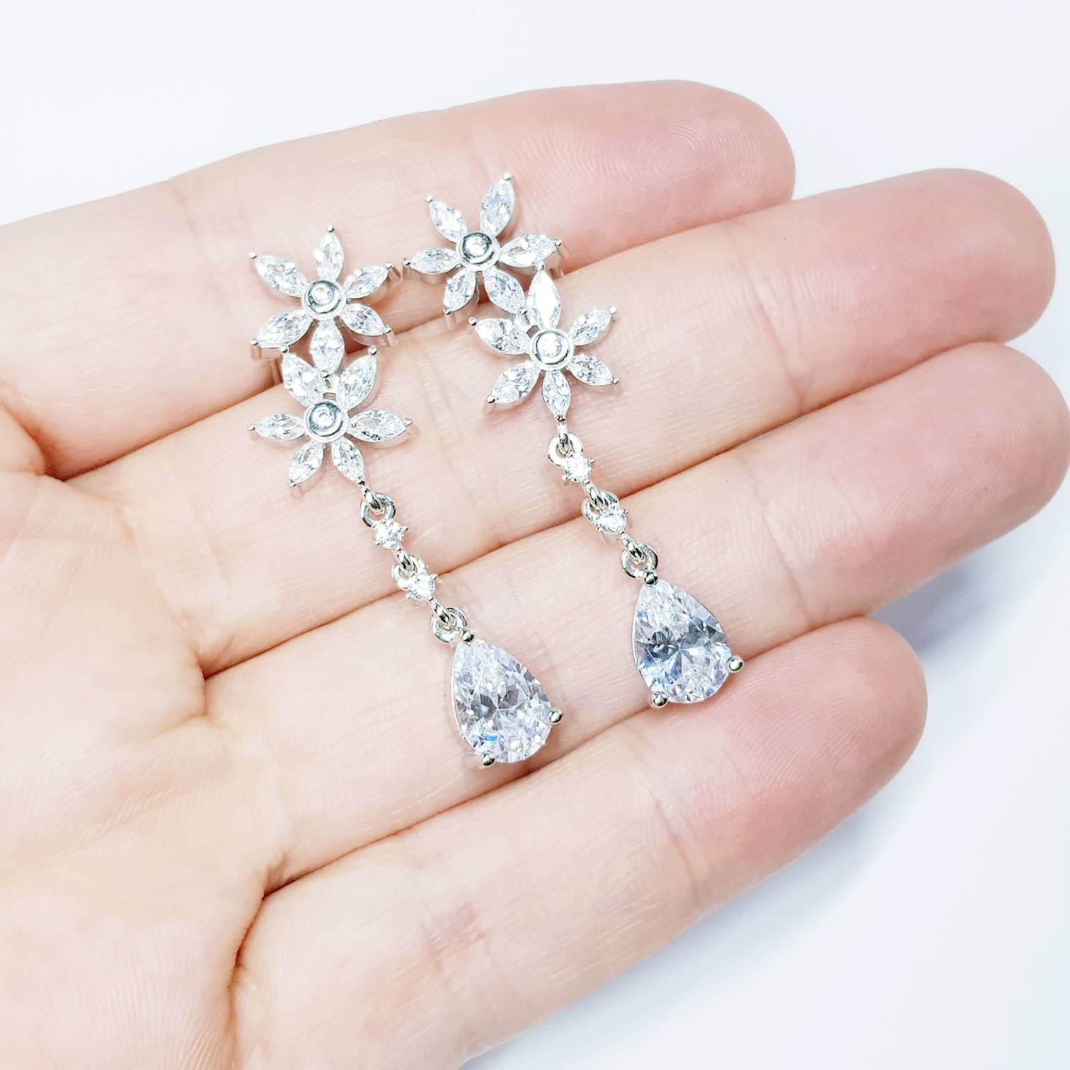 Bridal Diamond Earrings, chandelier Earrings, long teardrop Earrings, marquis and pear shaped stones