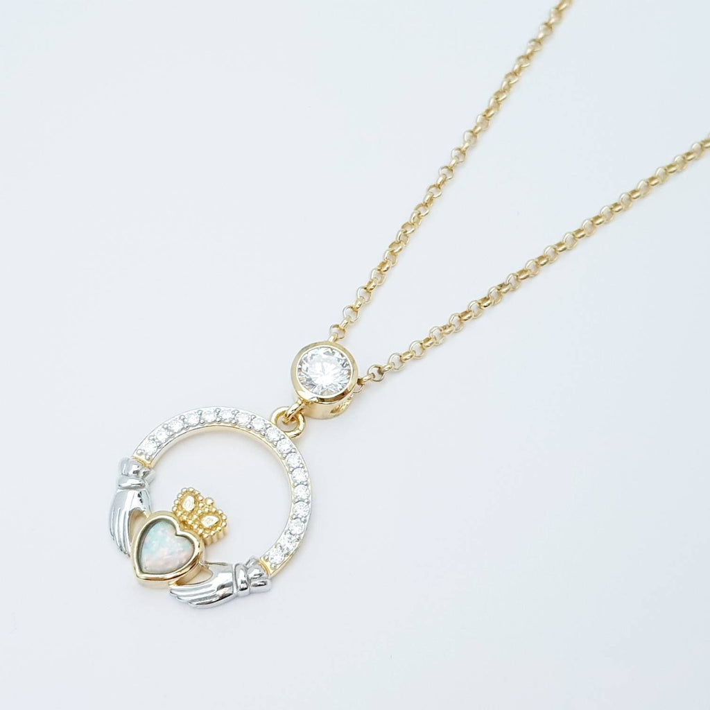 Opal Claddagh pendant, claddagh necklace, yellow gold claddagh pendant October birthstone