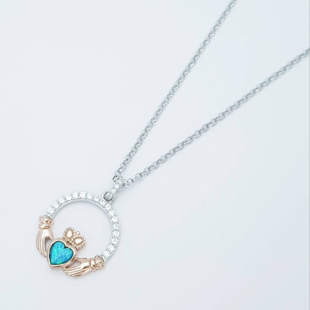Opal Claddagh pendant, claddagh necklace, rose gold claddagh pendant October birthstone