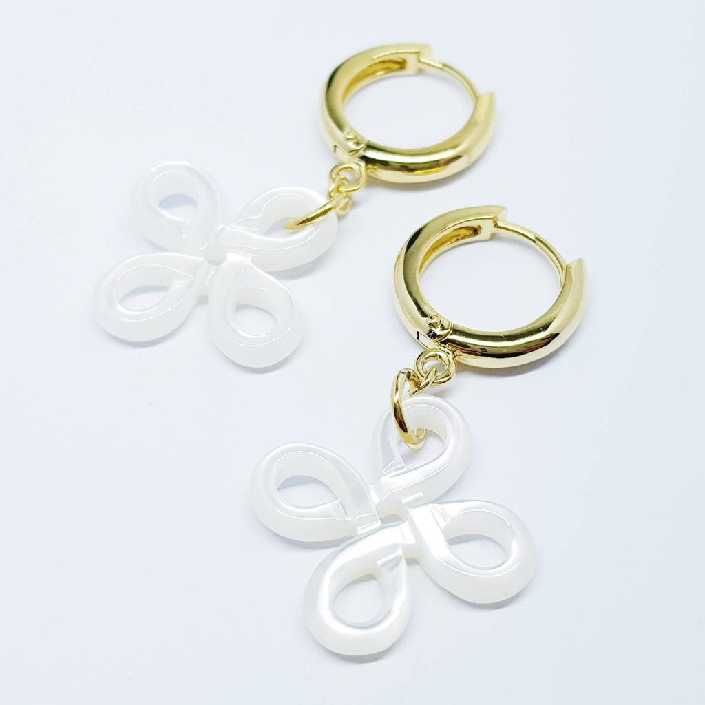 Celtic huggie Earrings, gold knot drop earrings, boho Celtic jewelry, mother of pearl earrings, celtic dangle earrings