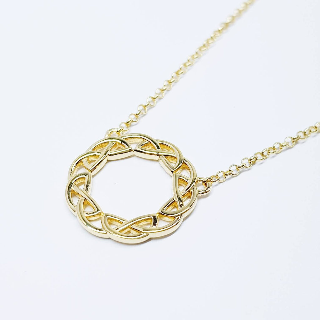 Sterling silver celtic knot pendant, gold round celtic necklace made in Ireland with angel wing chain