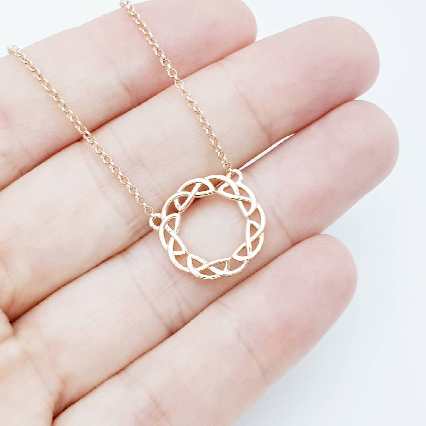 Sterling silver celtic knot pendant, rose gold round celtic necklace made in Ireland with angel wing chain