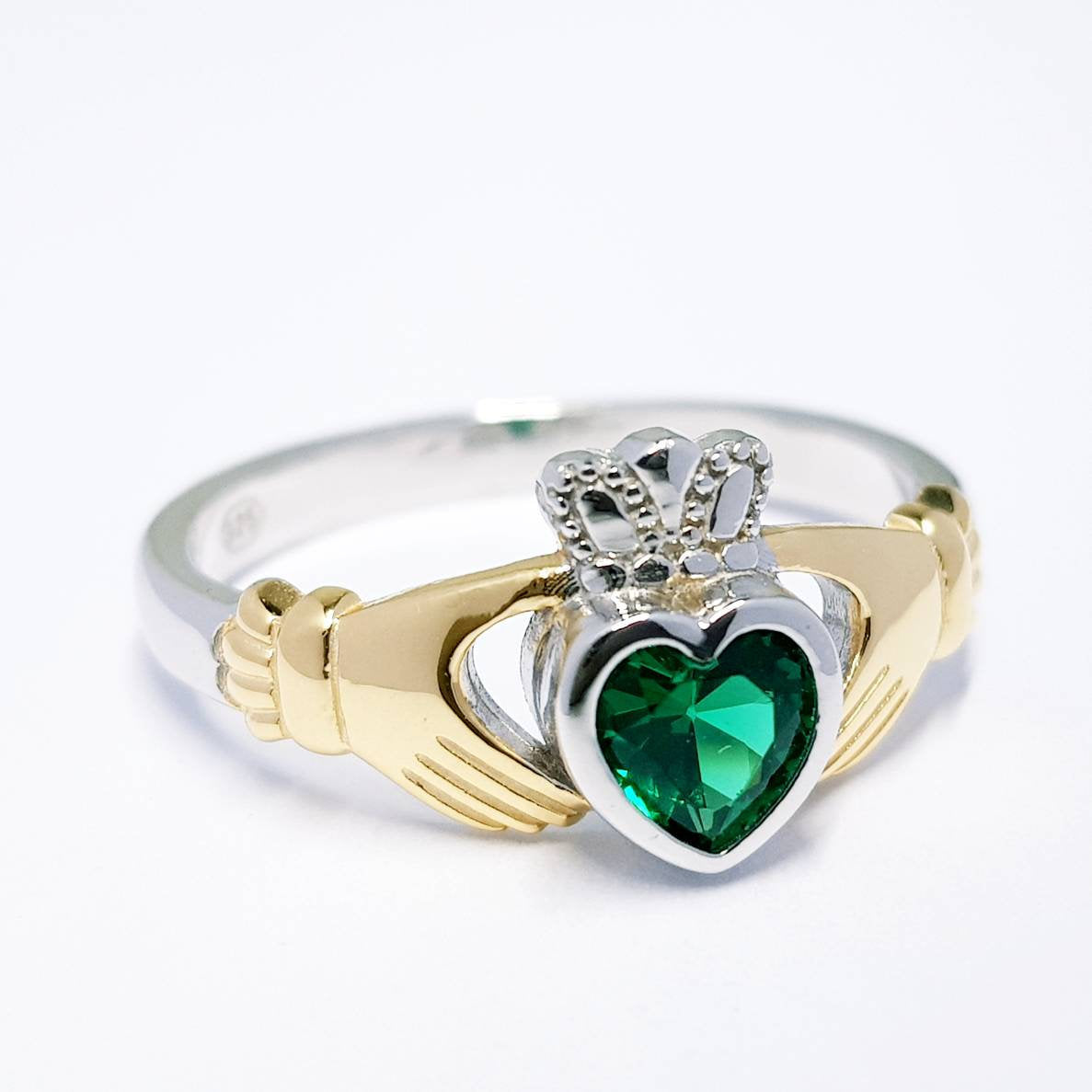 Sterling Silver Gold plated Claddagh ring set with emerald green stone, irish claddagh rings