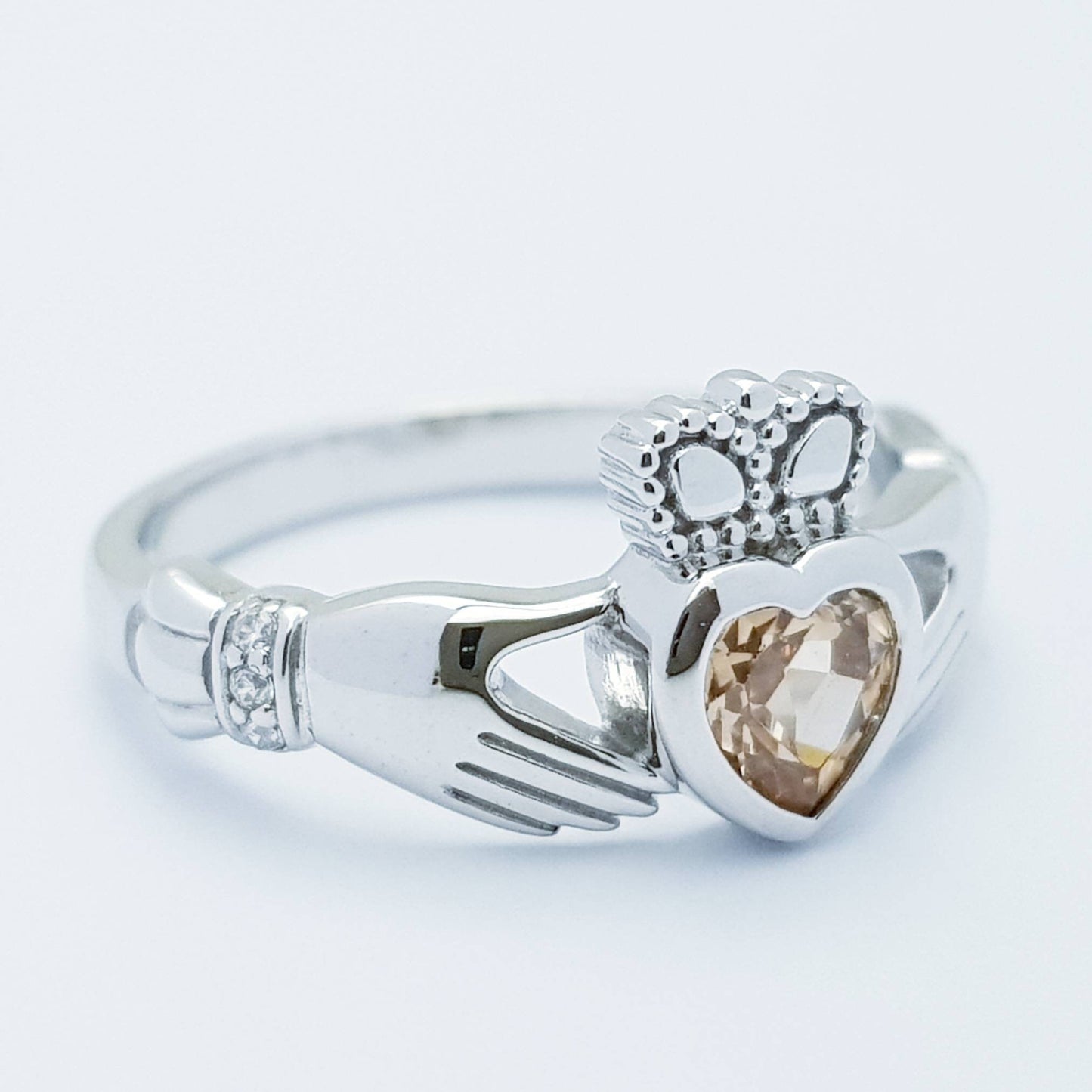 Sterling Silver Claddagh ring set with champagne citrine stone, November birthstone