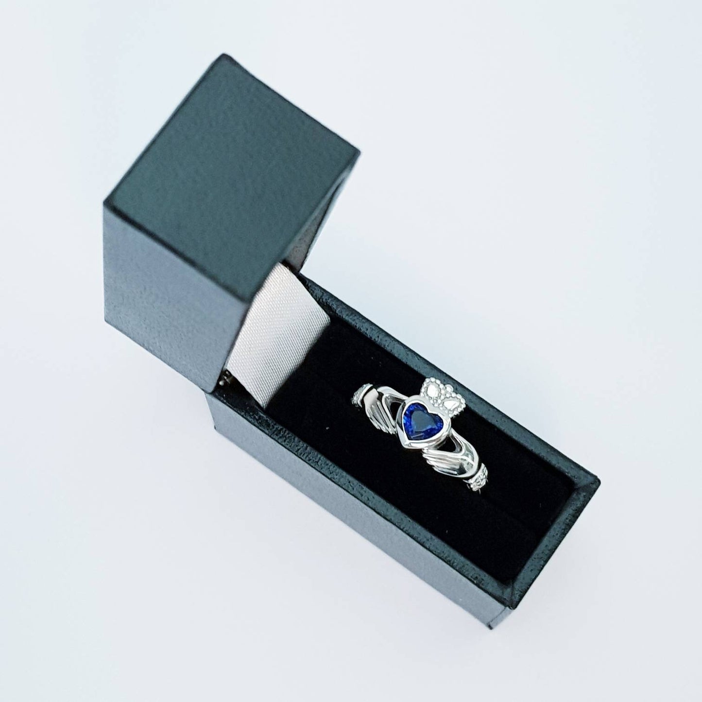 Sterling Silver Claddagh Ring, Claddagh september birthstone Ring, dark blue sapphire ring