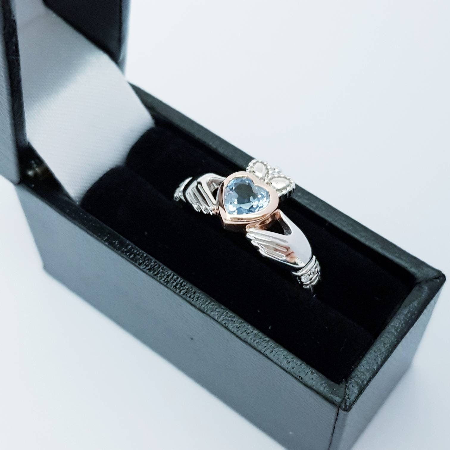 Sterling Silver Rose Gold plated Claddagh ring set with aquamarine stone, unique claddagh ring