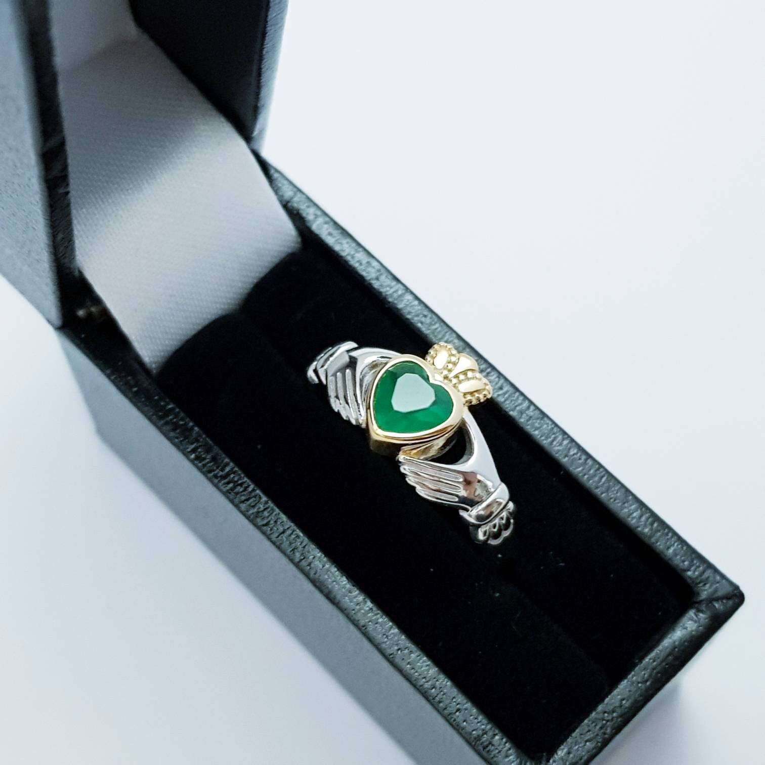 Sterling Silver yellow Gold plated Claddagh ring set with emerald green stone, irish claddagh rings