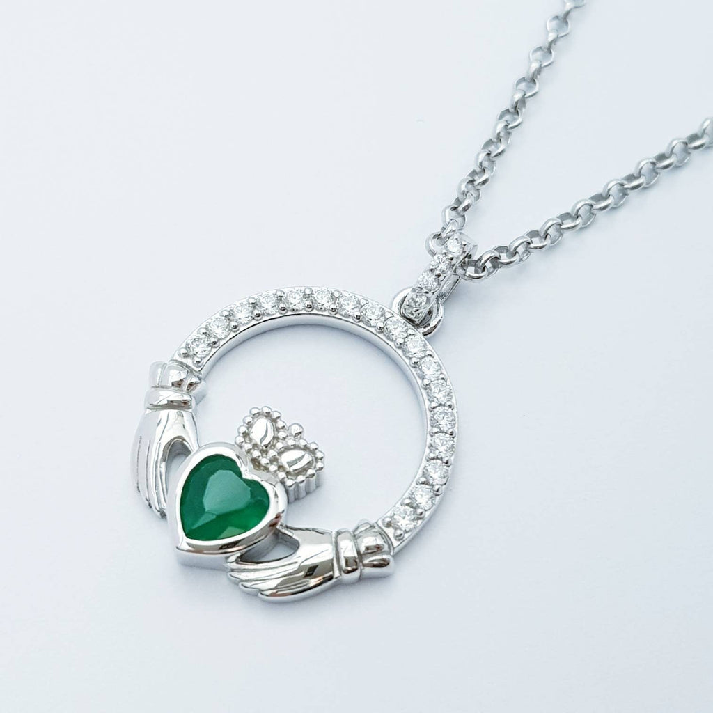 Sterling silver emerald green may birthstone claddagh necklace