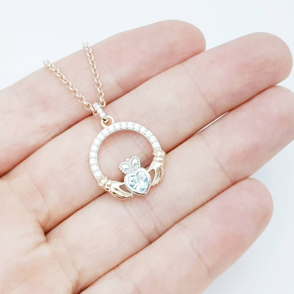 Aquamarine Claddagh pendant, claddagh necklace, rose gold claddagh pendant